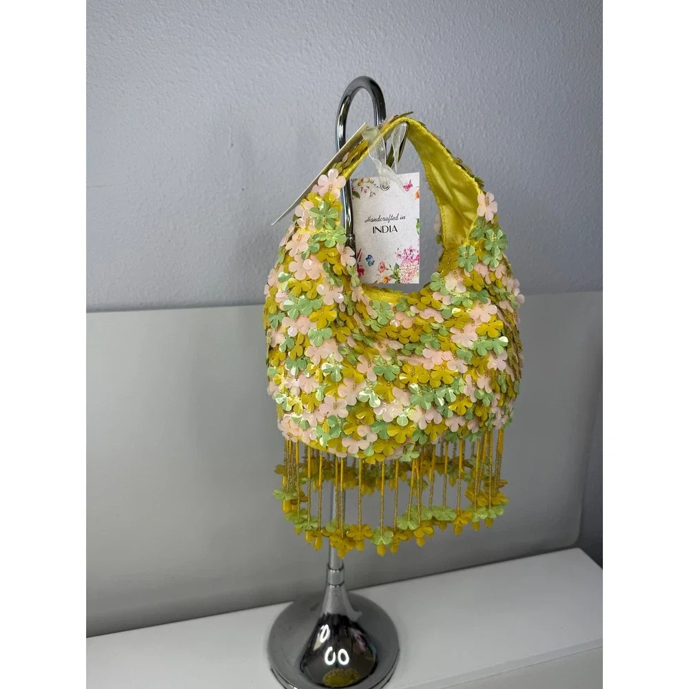 Handcrafted India‎ Floral Sequin Beaded Small Hobo Bag Yellow Green Pink NEW